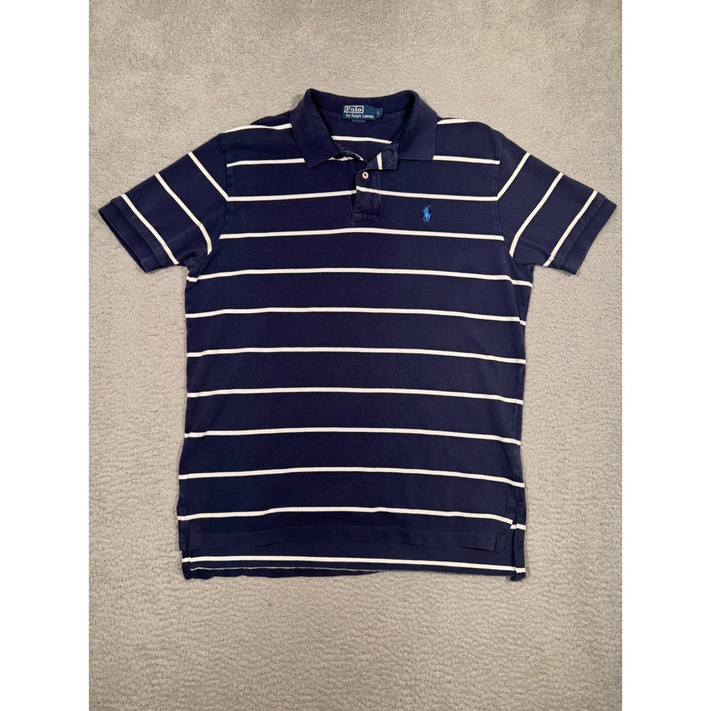 Polo Ralph Lauren Mens Navy Blue White Striped Cotton Pique Polo Shirt Large